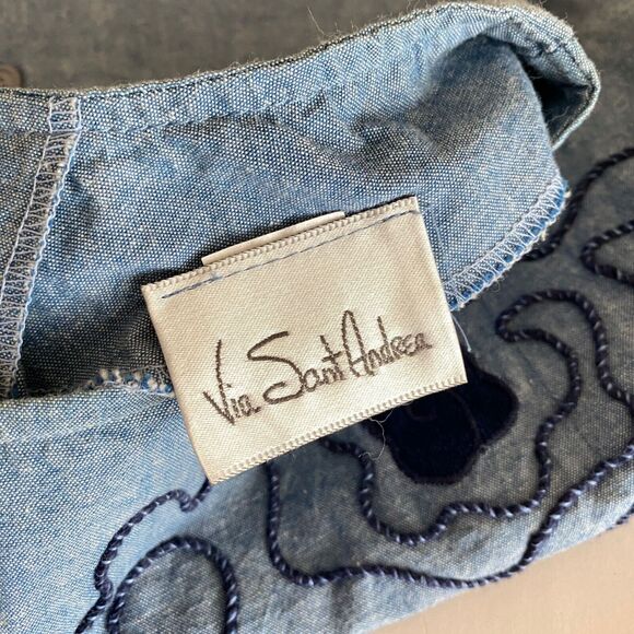 Vintage Via Sant Andrea 90s L Button Back Blouse Blue Denim Floral Embroidery - Picture 9 of 10
